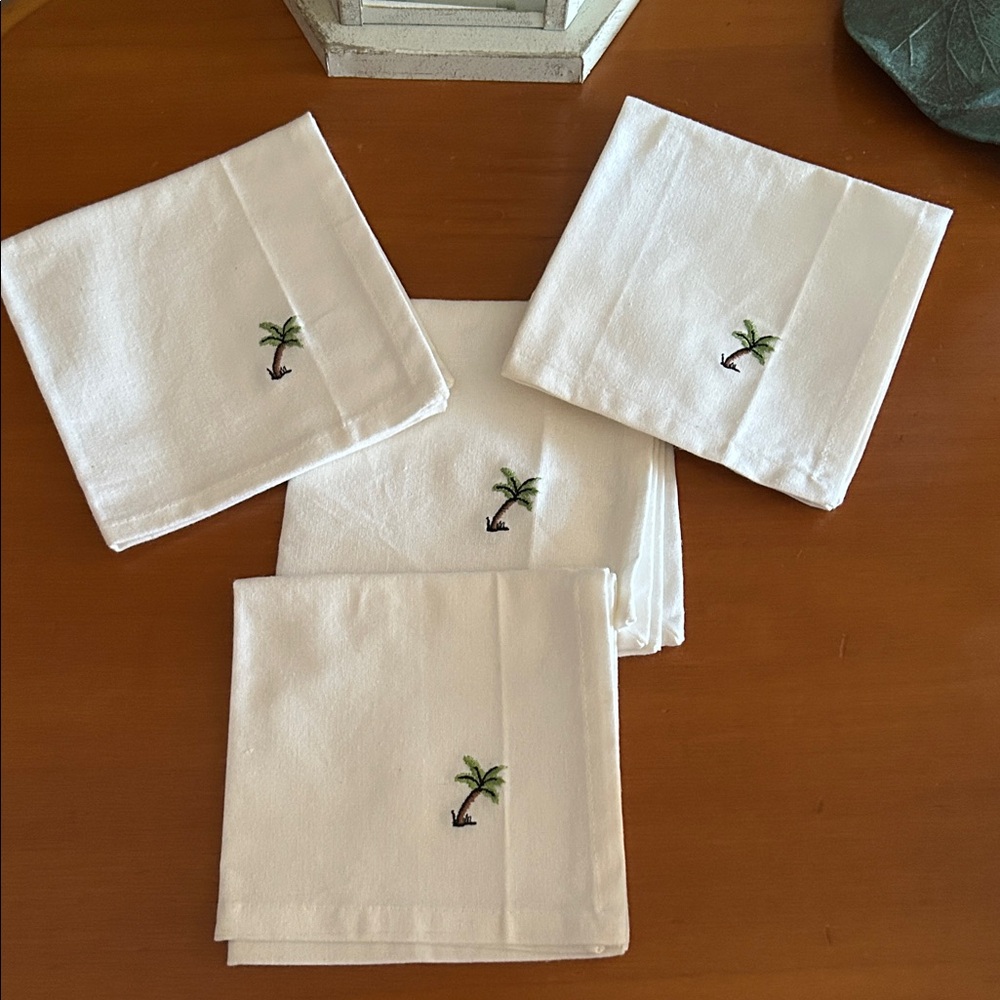 White Cocktail Napkins with Palm Tree Embroidery